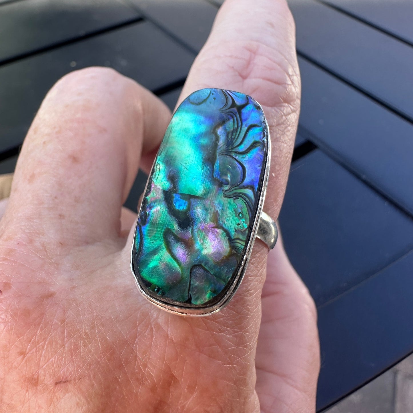 Abalone Shell Sterling Silver Plated Ring – Size 13 Statement Jewelry