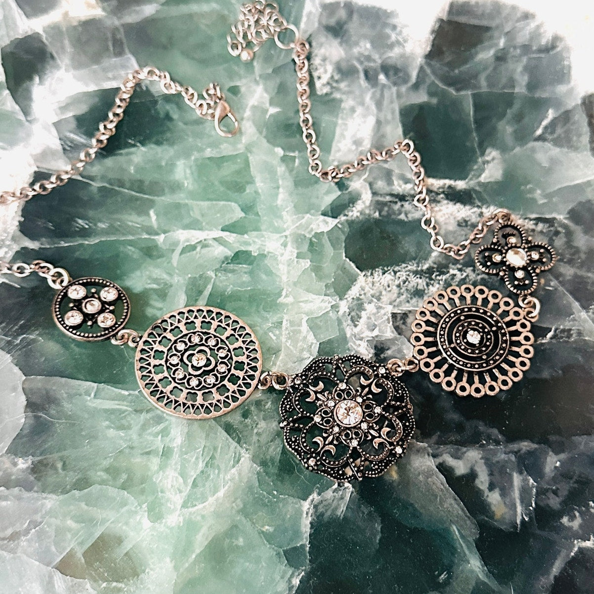 Vintage Silver-Tone Statement Necklace with Clear Rhinestones