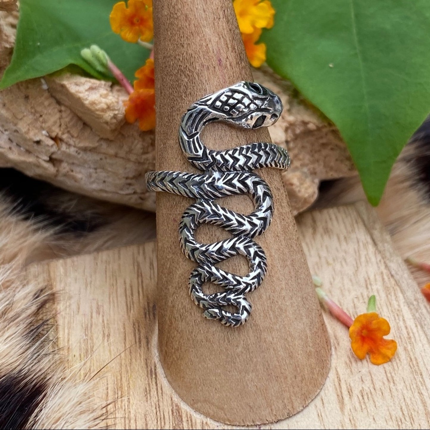 Sterling Silver Snake Cobra Ring With Black Onyx Eyes