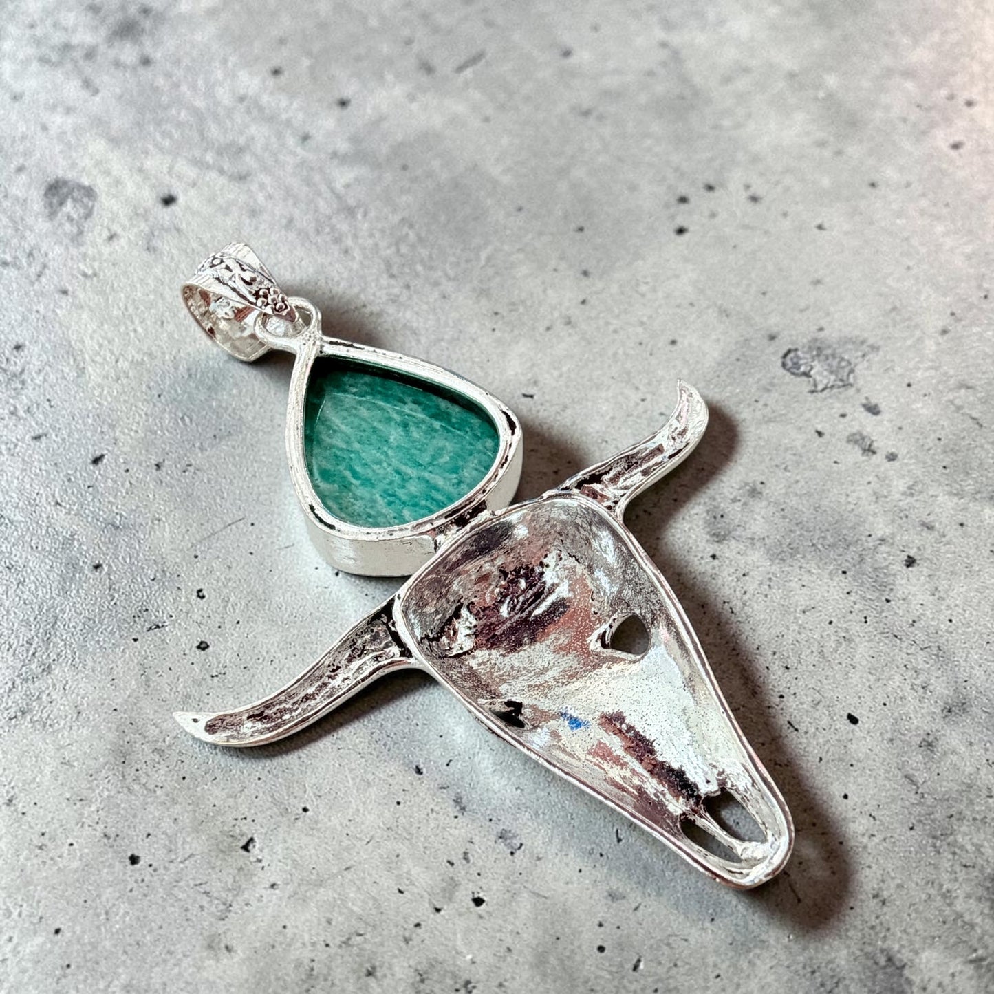 Amazonite Bull Skull Pendant 925 Plated Longhorn Western