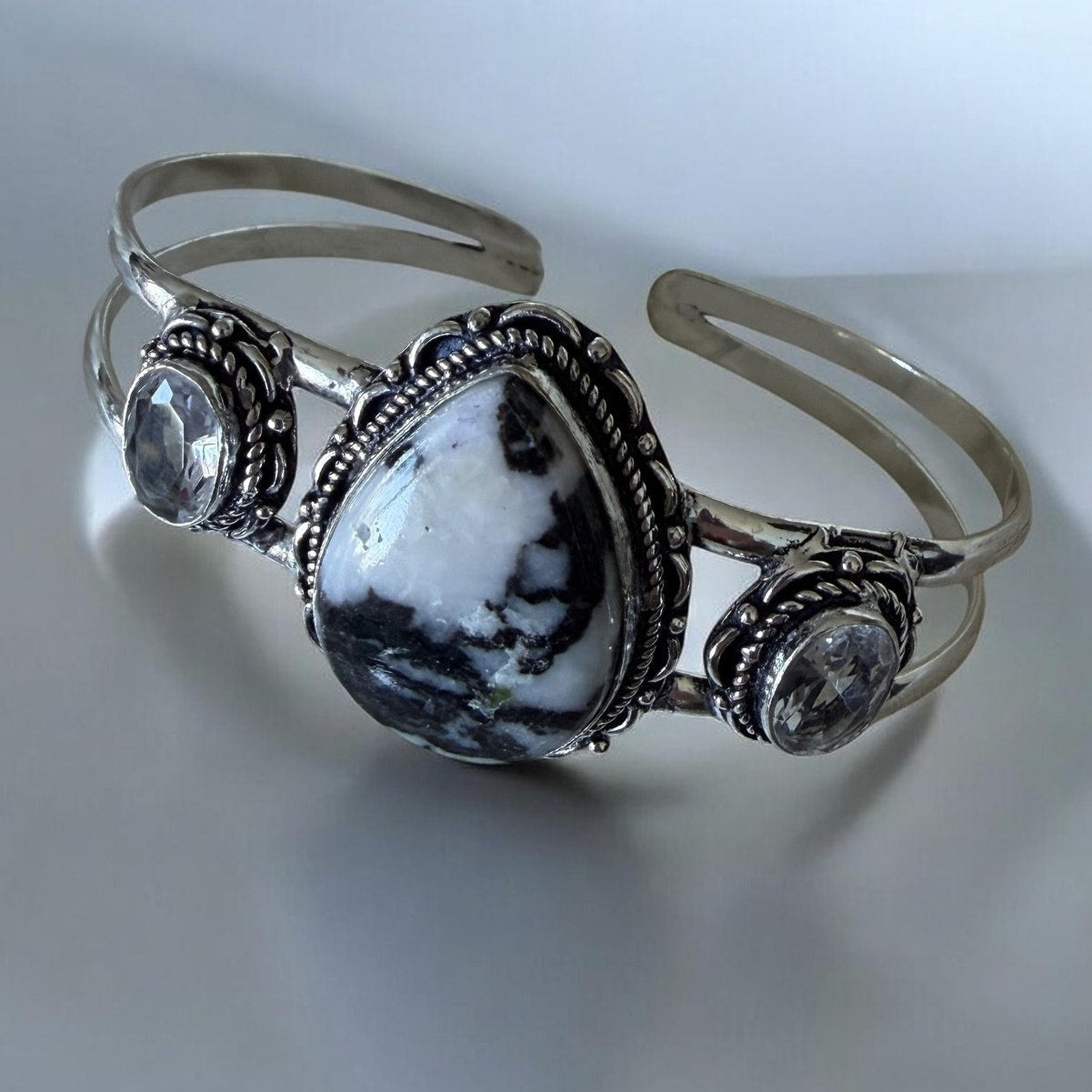 White Buffalo Turquoise White Topaz 925 Silver Overlay Cuff Bangle