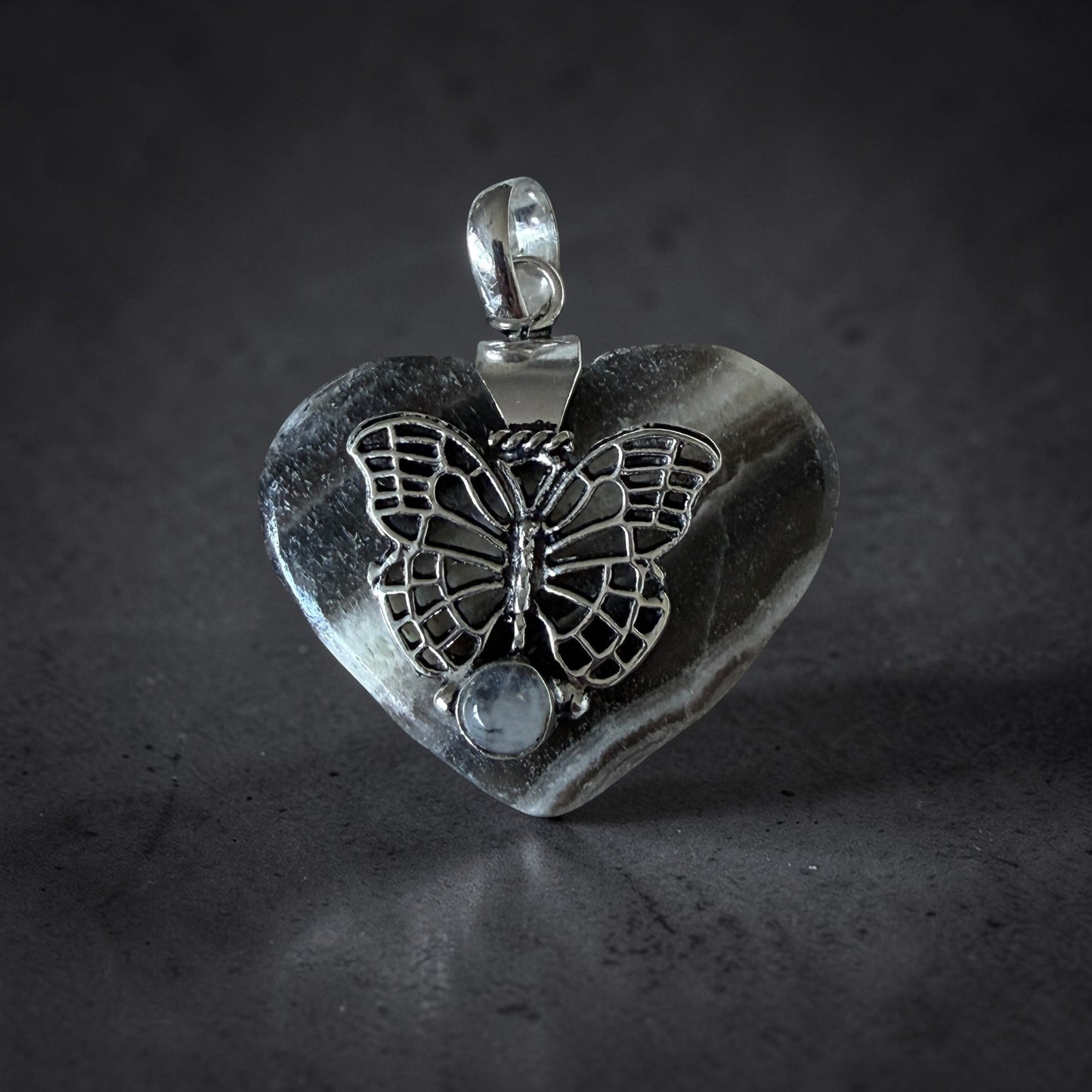 Zebra Calcite & Moonstone Butterfly Heart Pendant 925 Overlay
