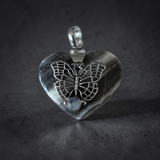 Zebra Calcite & Moonstone Butterfly Heart Pendant 925 Overlay