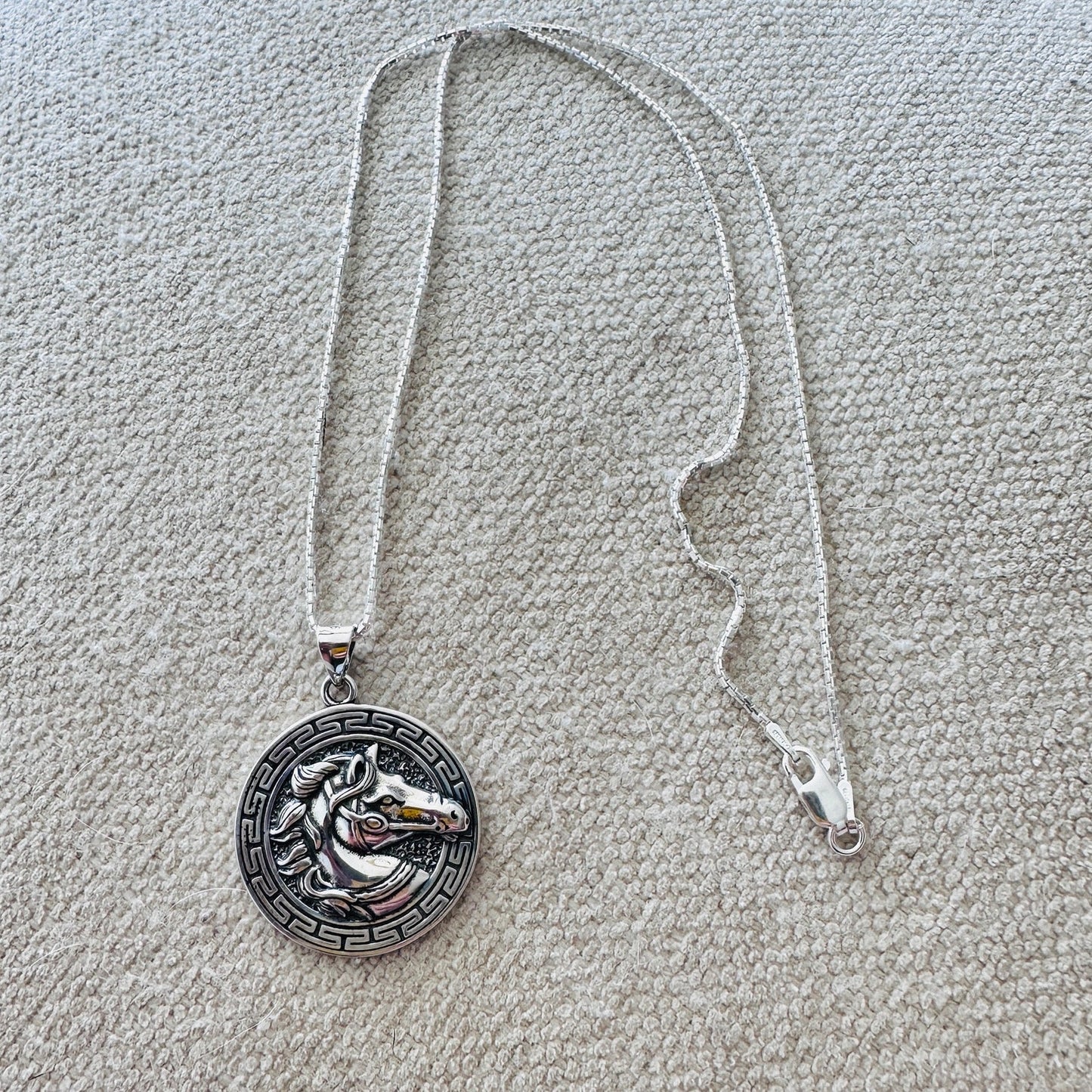 Sterling Silver Horse Medallion Necklace-925 Rounded Box Chain