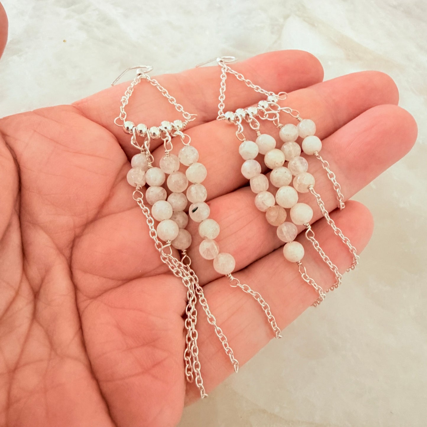 Long Beaded Rainbow Moonstone Dangle Earrings Sterling Silver Plated