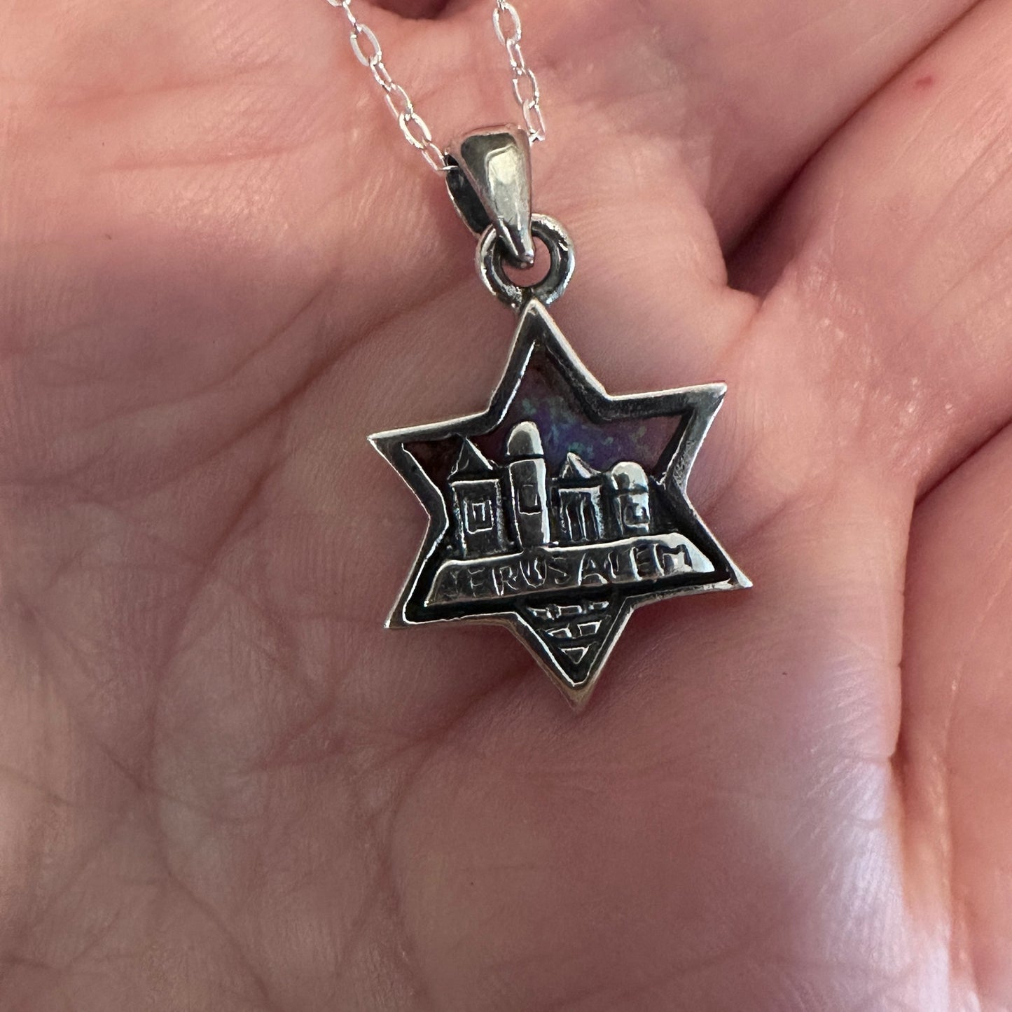 Sterling Silver Lab Opal Pendant Star of David Jerusalem Necklace