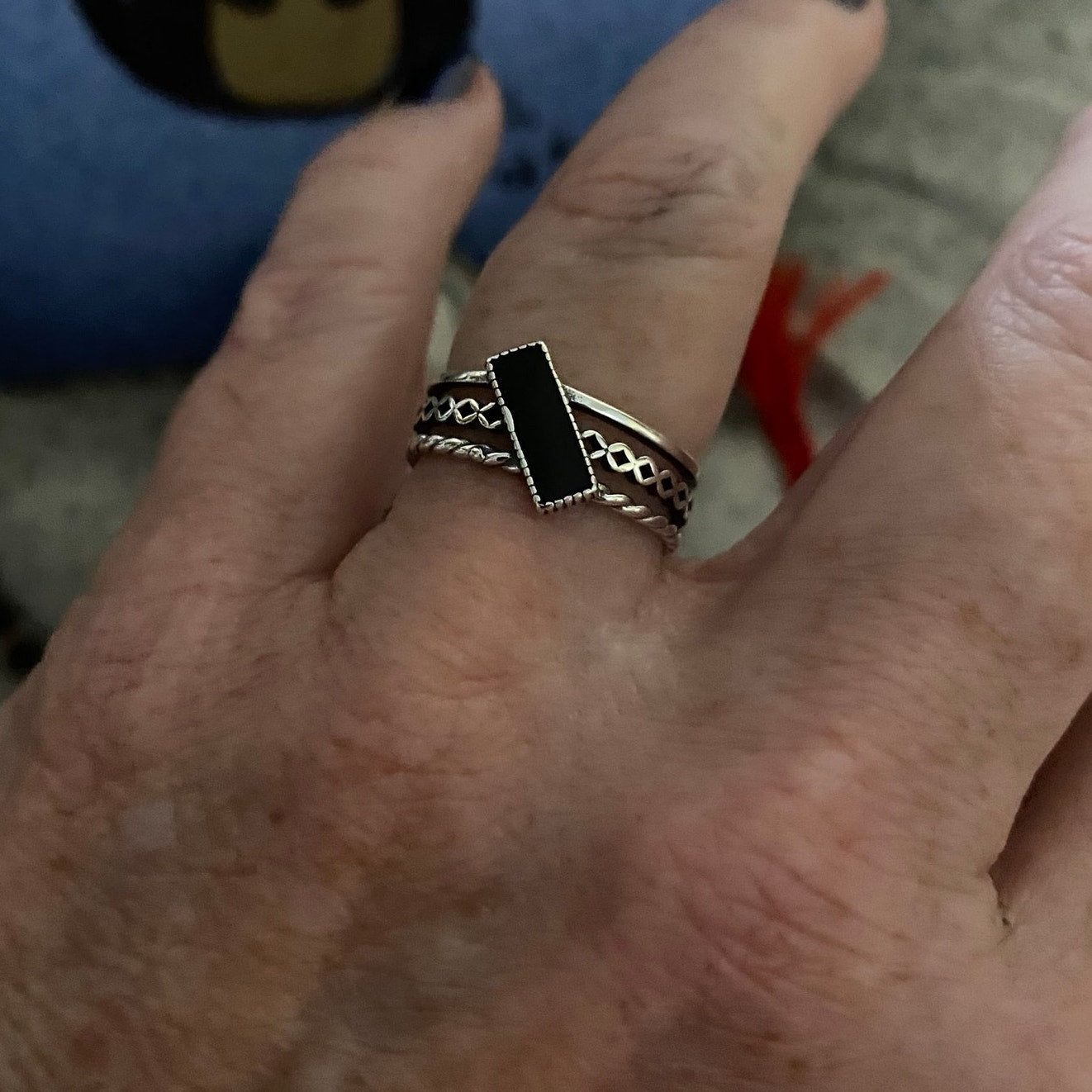 925 Sterling Silver black Rectangle Vintage Ring-Adjustable