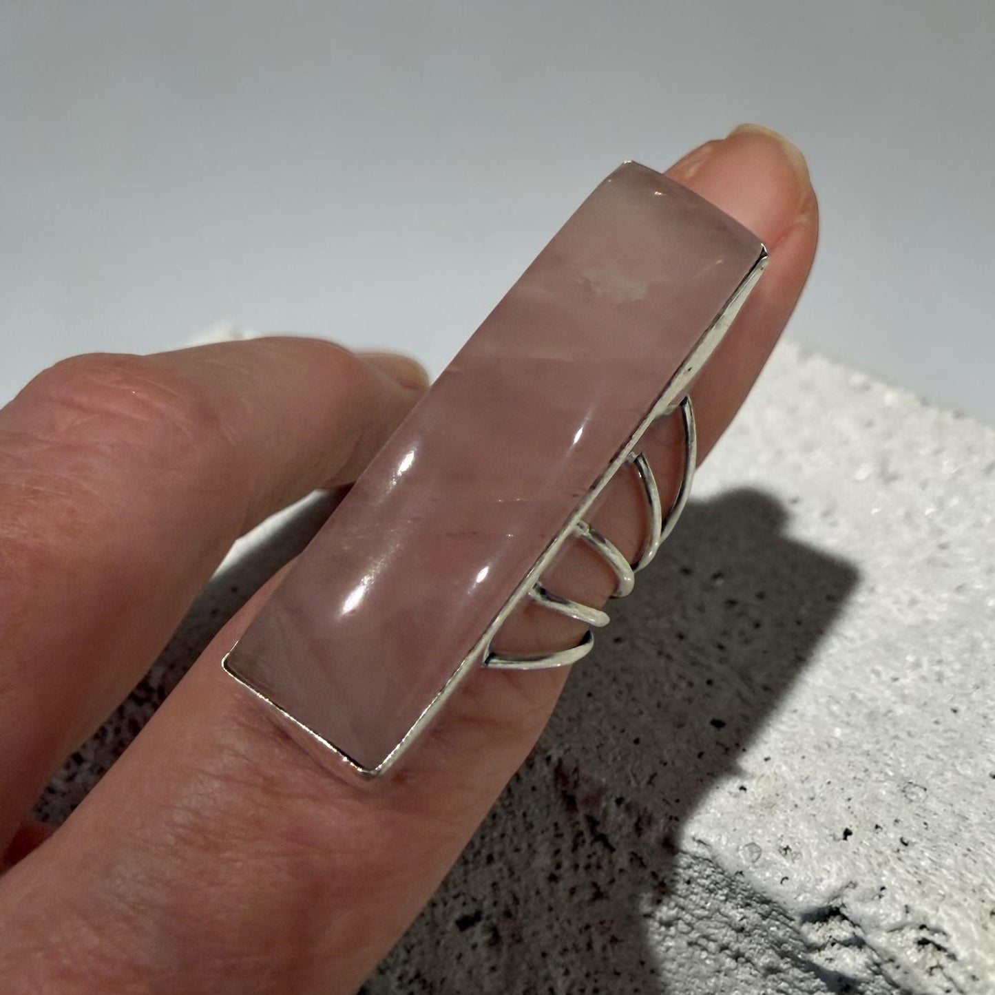 Rose Quartz Bar Ring 925 Silver Plated Statement Size 7