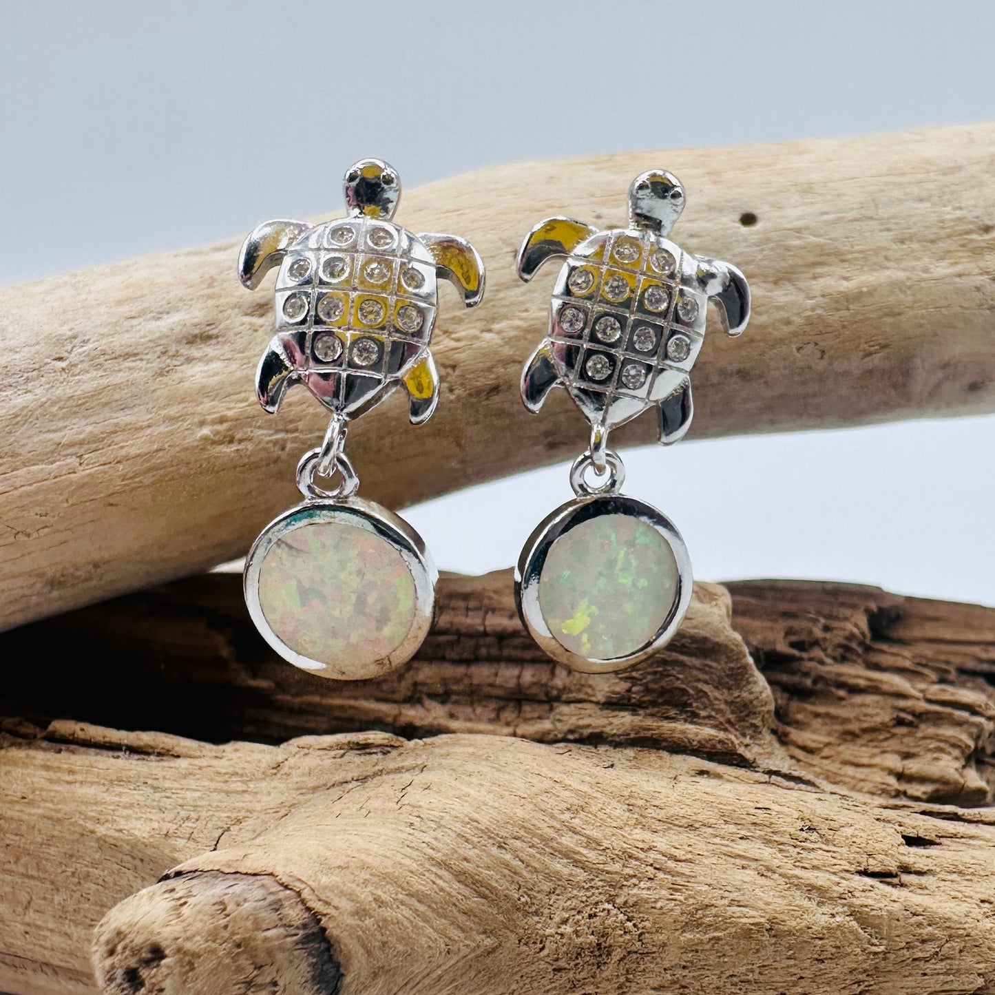 Sterling Silver White Opal Sea Turtle Drop Earrings with White Topaz