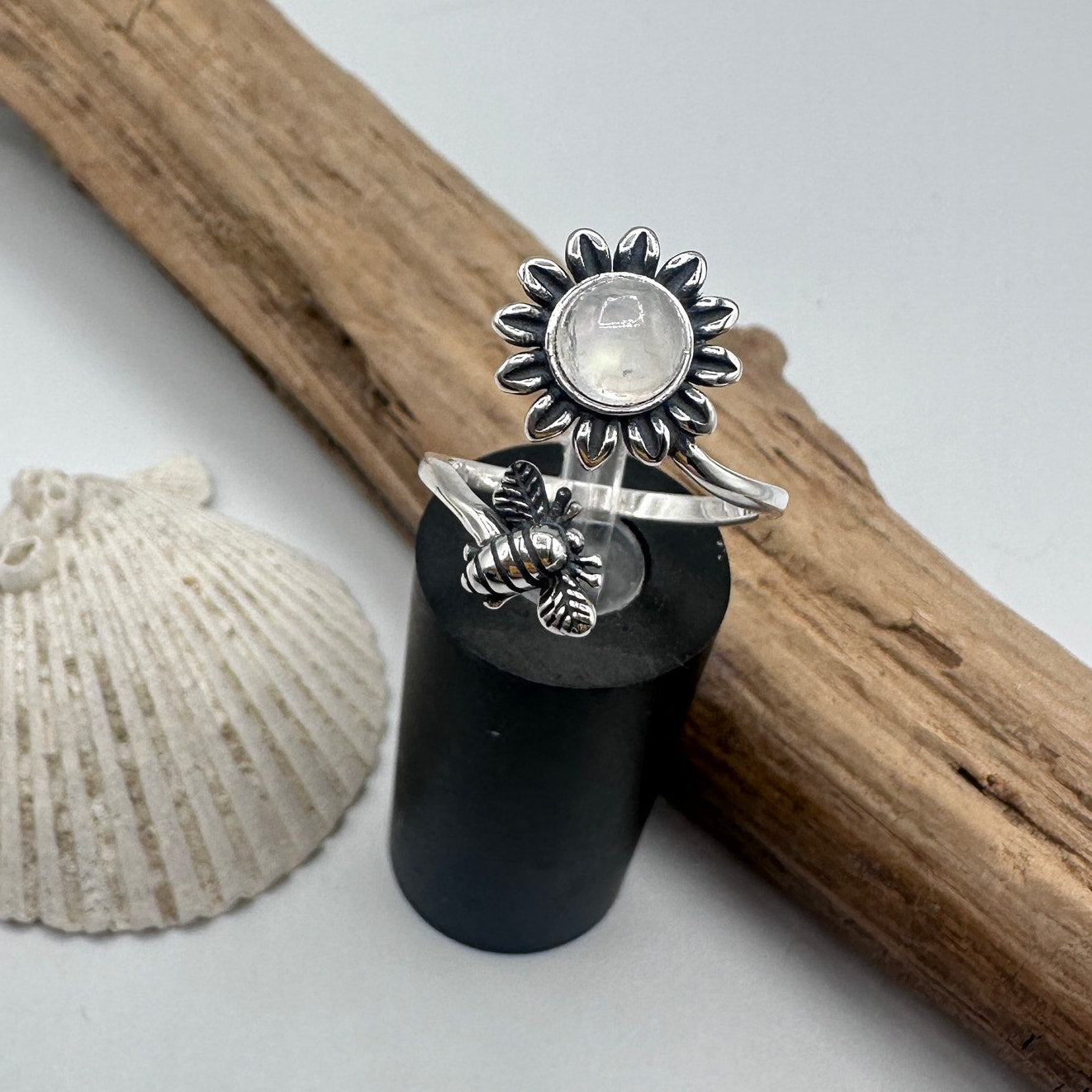 Moonstone Sterling Silver Bee & Sunflower Ring