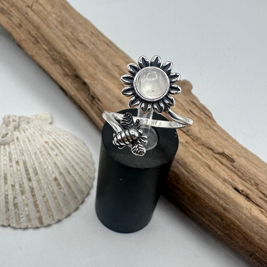 Moonstone Sterling Silver Bee & Sunflower Ring