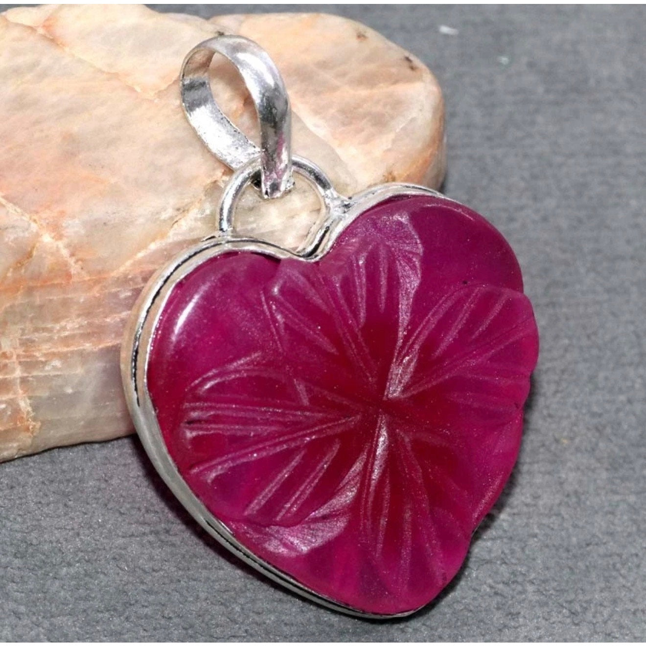 Carved Ruby Heart Clover Pendant 925 Silver Overlay
