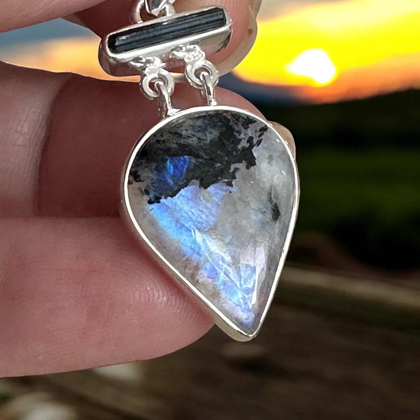 Natural Black Tourmaline In Rainbow Moonstone Sterling Silver Pendant