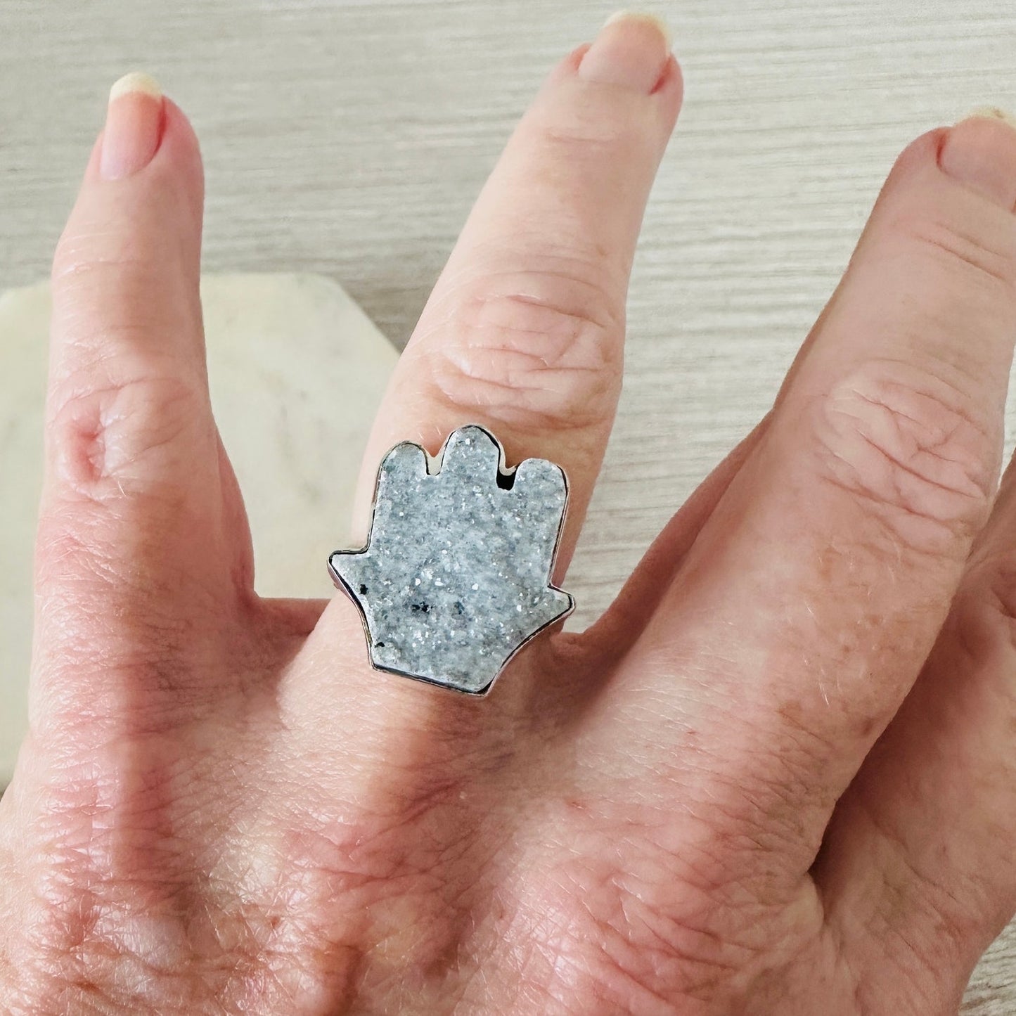 Hamsa Agate Druzy Sterling Silver Ring – Size 8, 925 Natural Stone