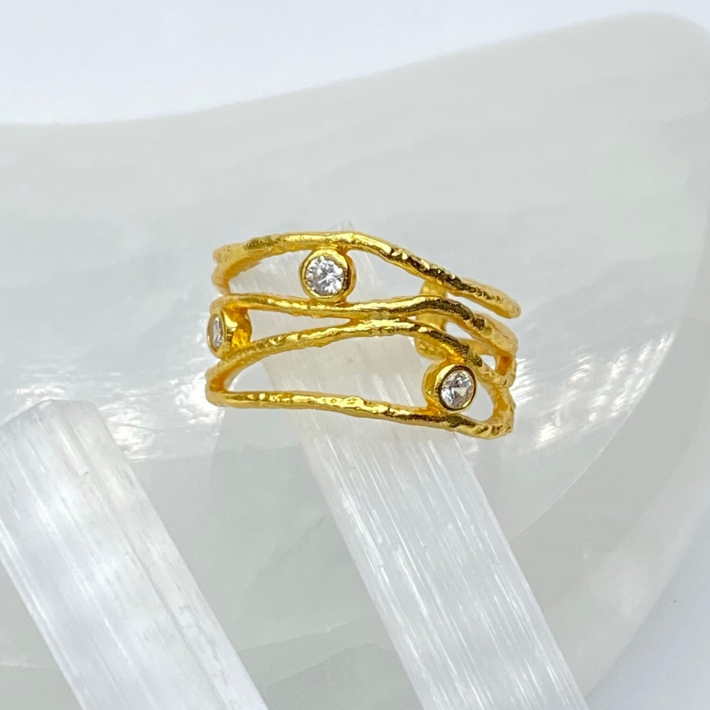 925 Sterling Silver Cz Gold Plated Irregular Stackable Ring