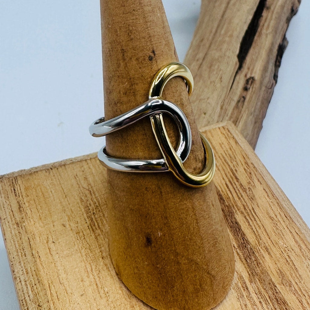 18K Gold Non-Tarnish Abstract Two Tone Ring Size 7 (Adjustable)