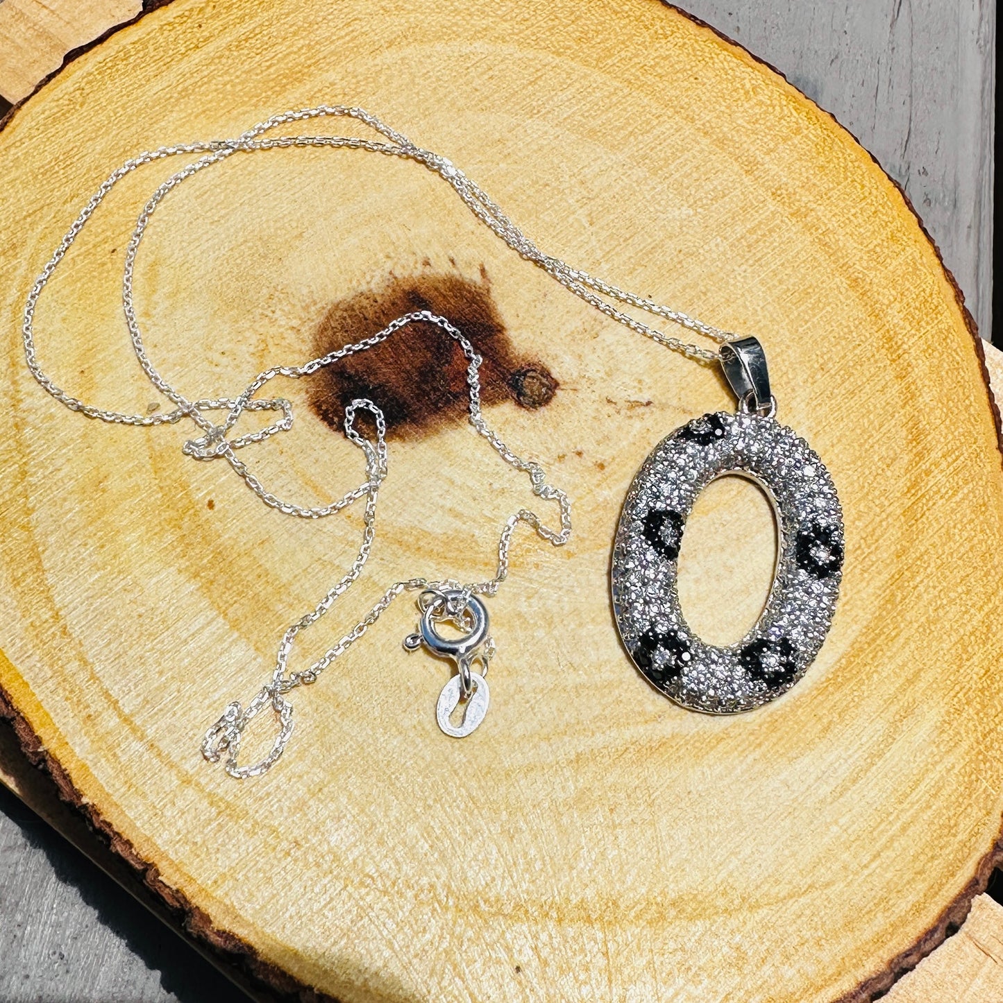 Sterling Silver Micro Pave CZ Oval Pendant Necklace-Black & White Sparkle