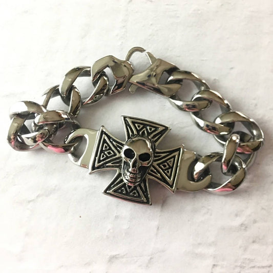Men’s Stainless Steel Skull Cross Link Bracelet