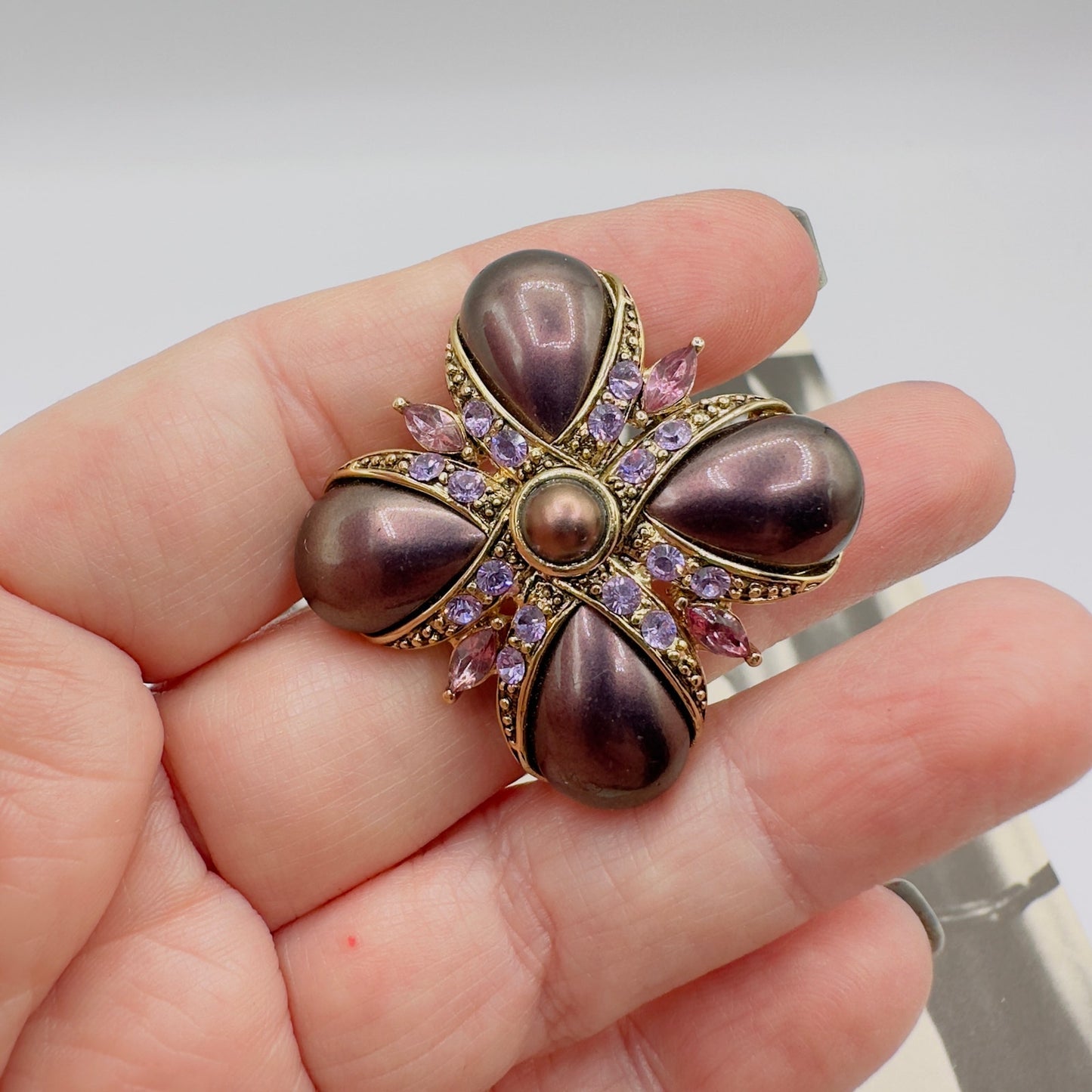 Vintage Signed Monet Maltese Cross Brooch-Gold Tone with Purple Faux Pearls & Rhinestones