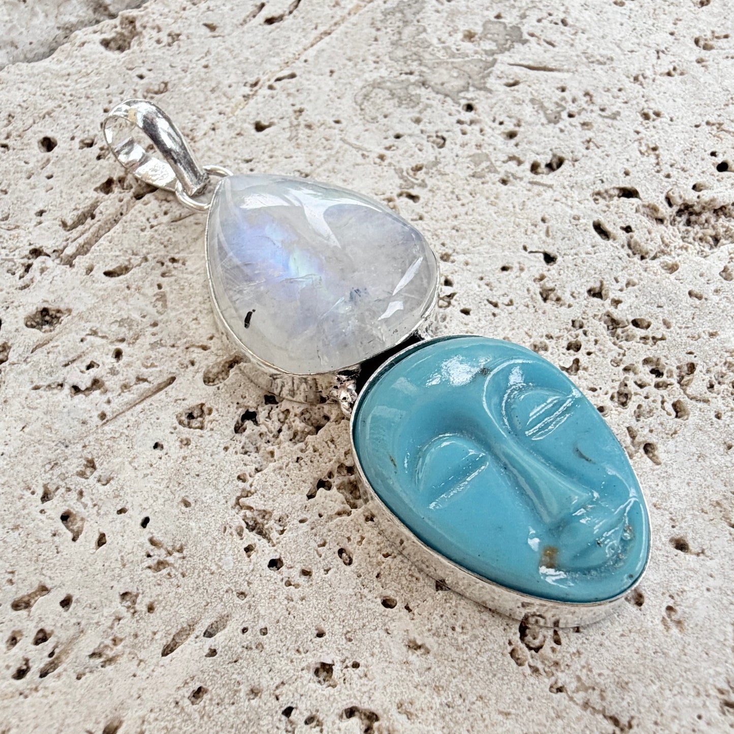 Rainbow Moonstone Moon Face Blue Agate Pendant 925 Overlay