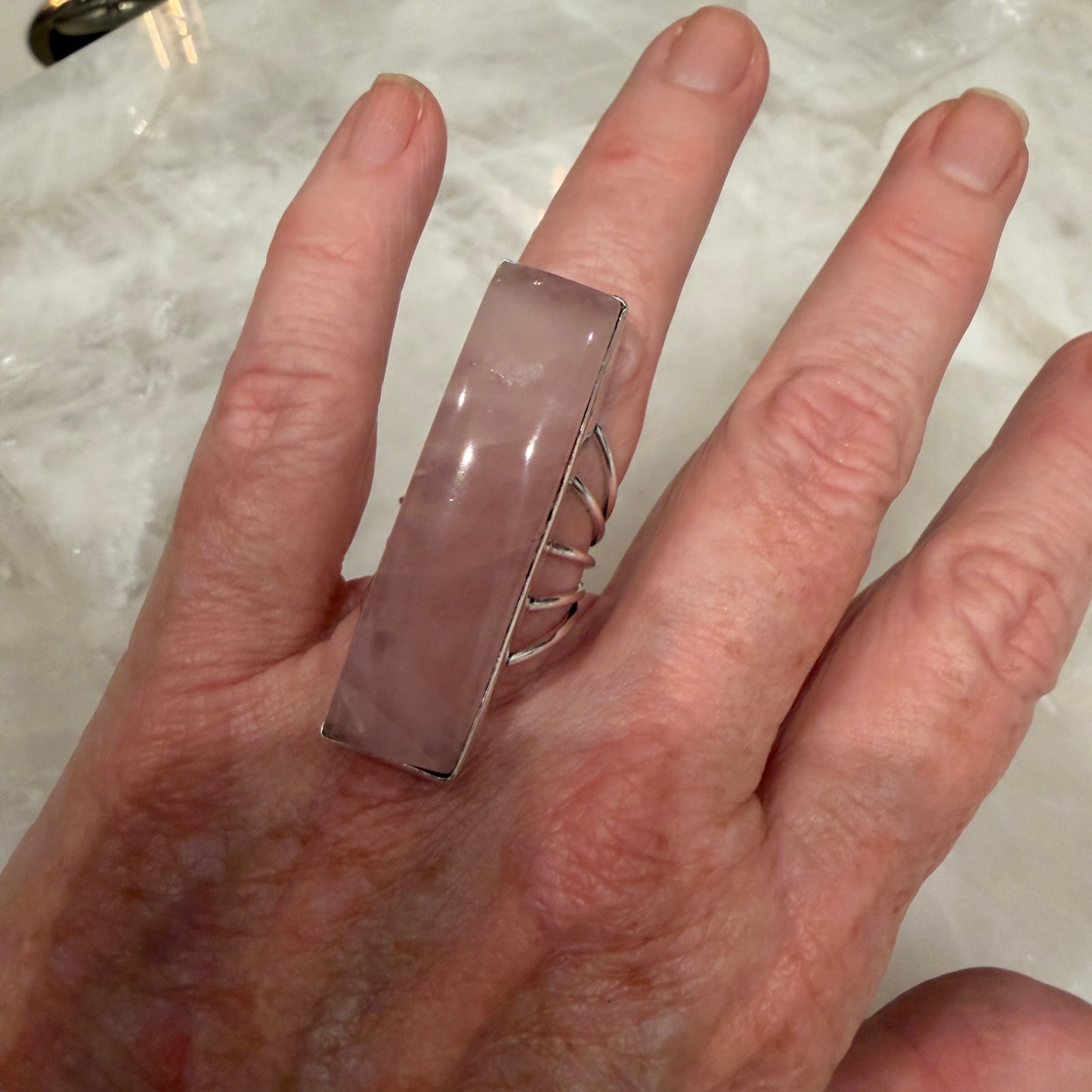 Rose Quartz Bar Ring 925 Silver Plated Statement Size 7