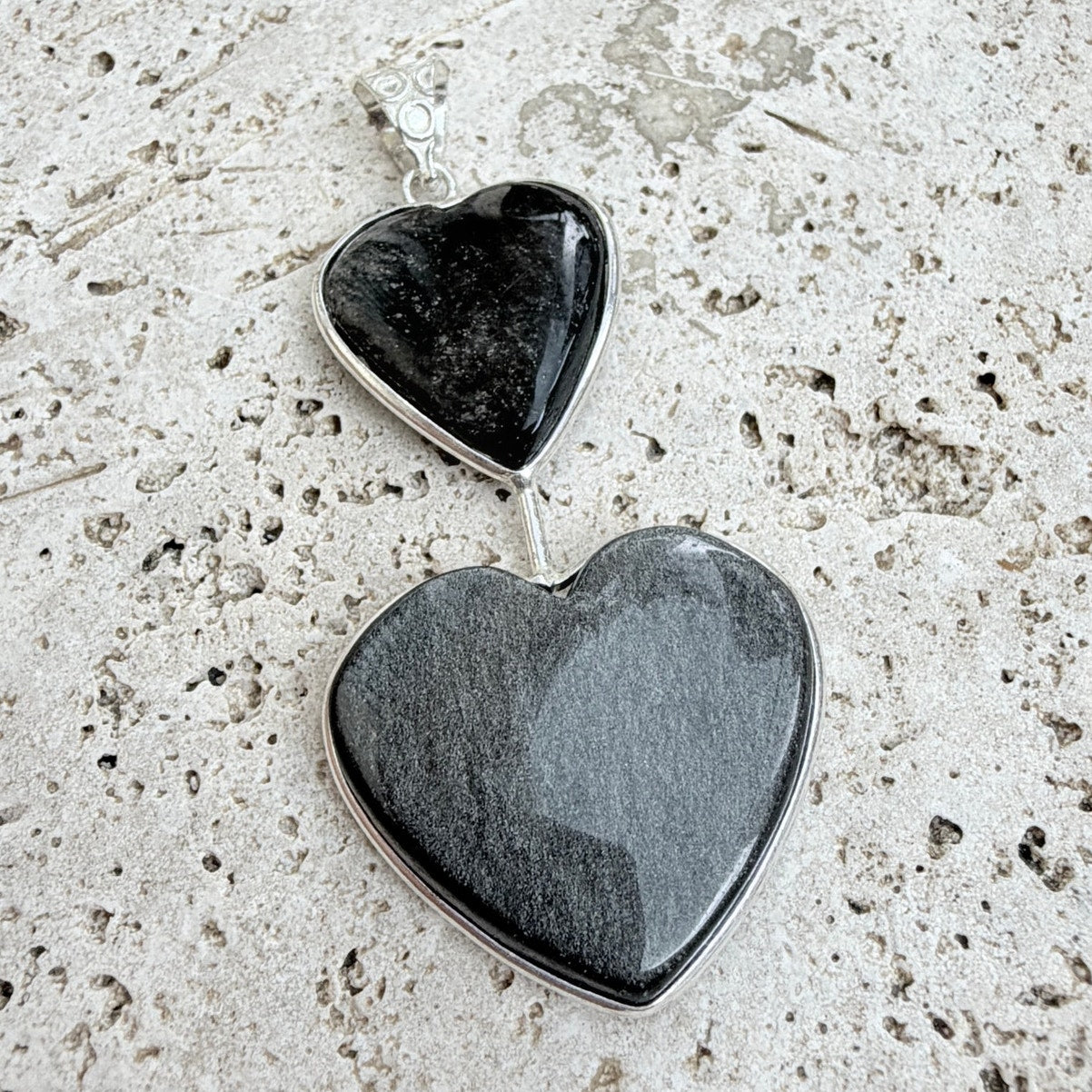 Silver Obsidian Double Heart Pendant 925 Silver Overlay