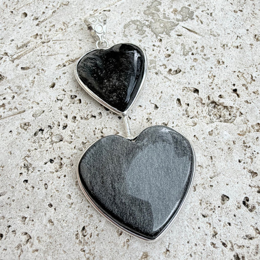 Silver Obsidian Double Heart Pendant 925 Silver Overlay