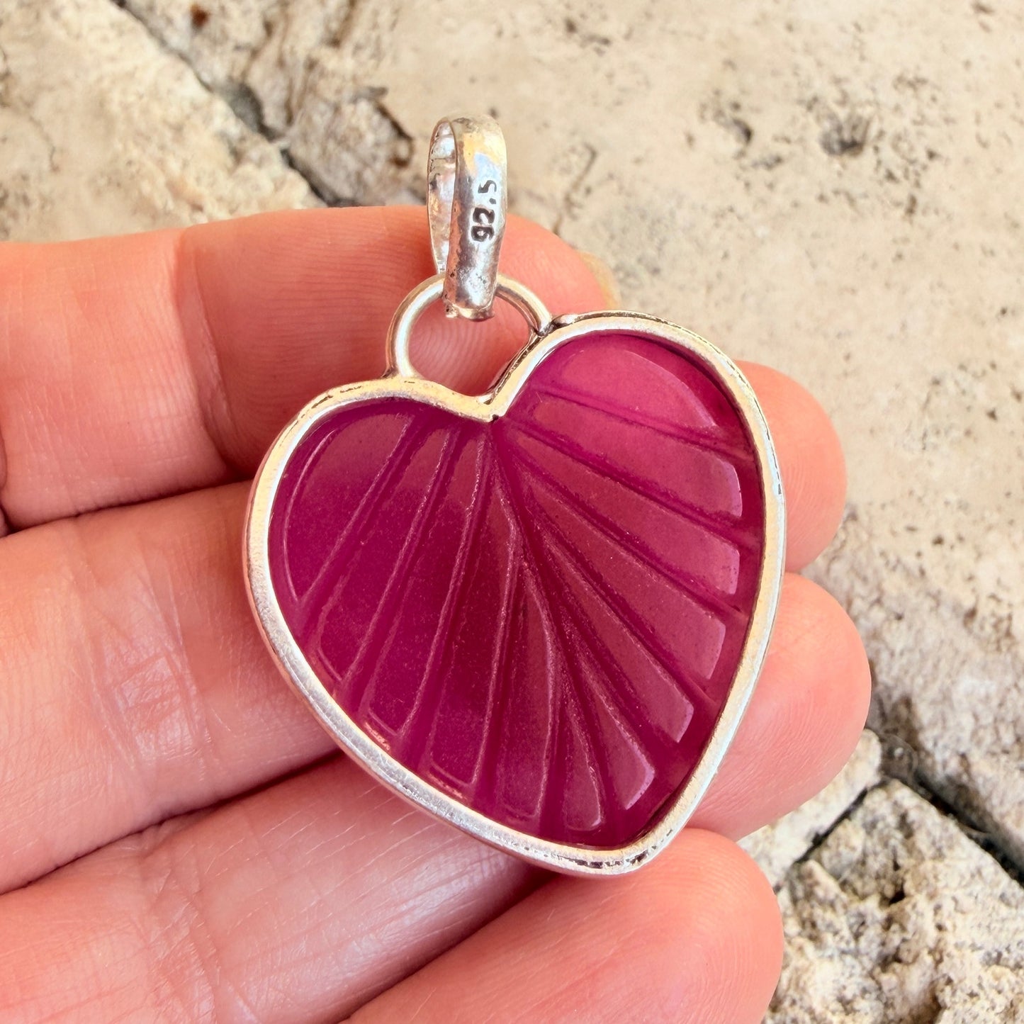 Carved Ruby Heart Clover Pendant 925 Silver Overlay