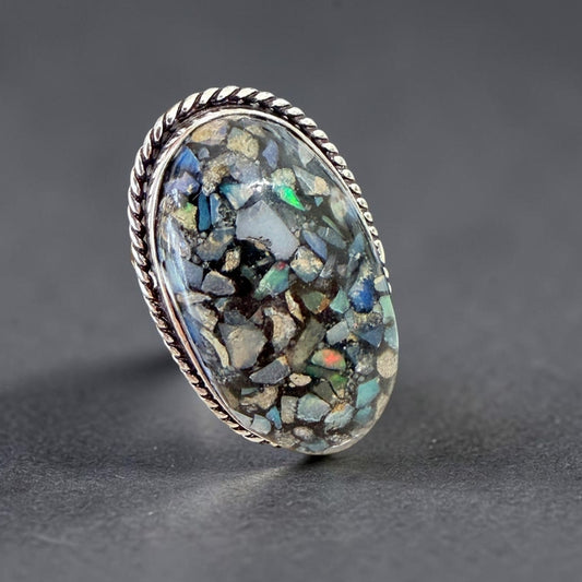 Ethiopian Opal Chip Inlay 925 Silver Plated Ring