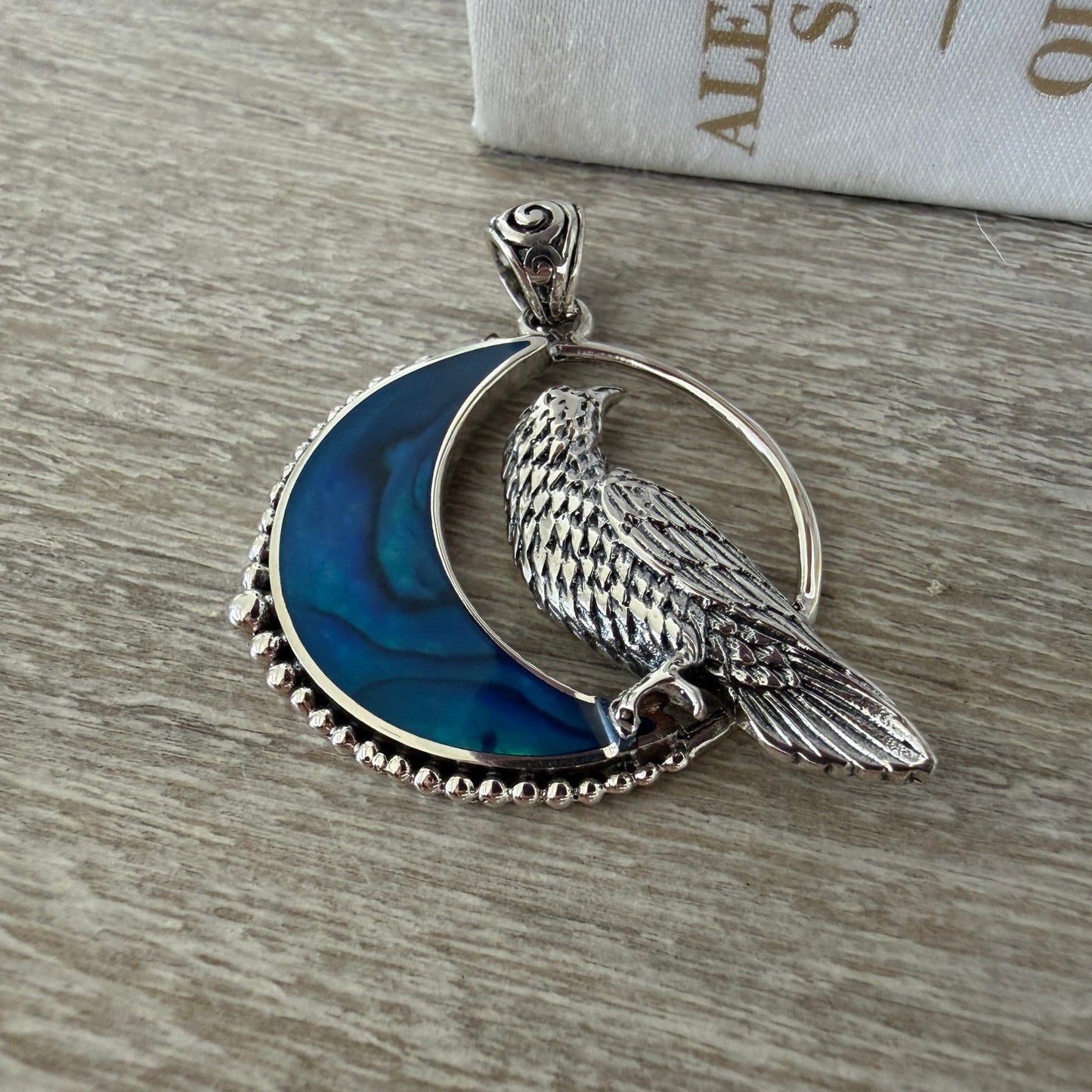 Raven in Crescent Moon Pendant 925 Sterling Silver Blue Shell Inlay