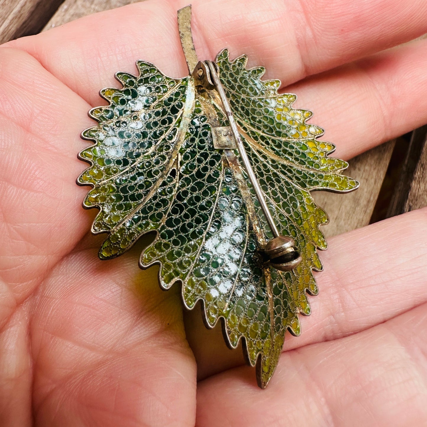 Vintage Plique a Jour Enamel 800 Silver Leaf Bug Brooch Large