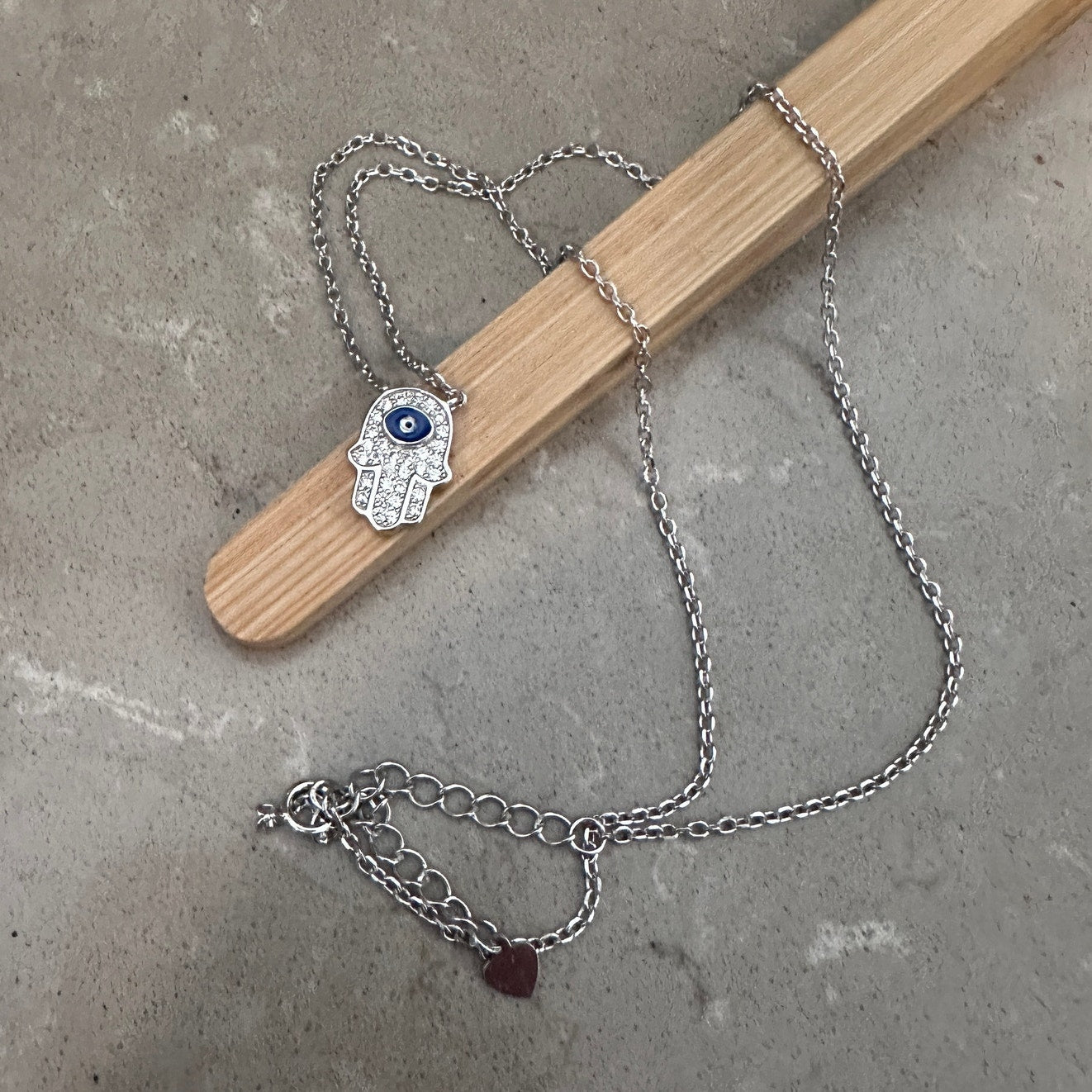 Sterling Silver Hamsa CZ Necklace with Evil Eye, Minimalist, Protection