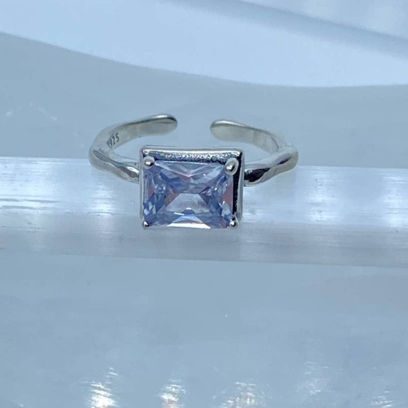 925 Sterling Silver Princess-Cut Clear Stone Adjustable Ring