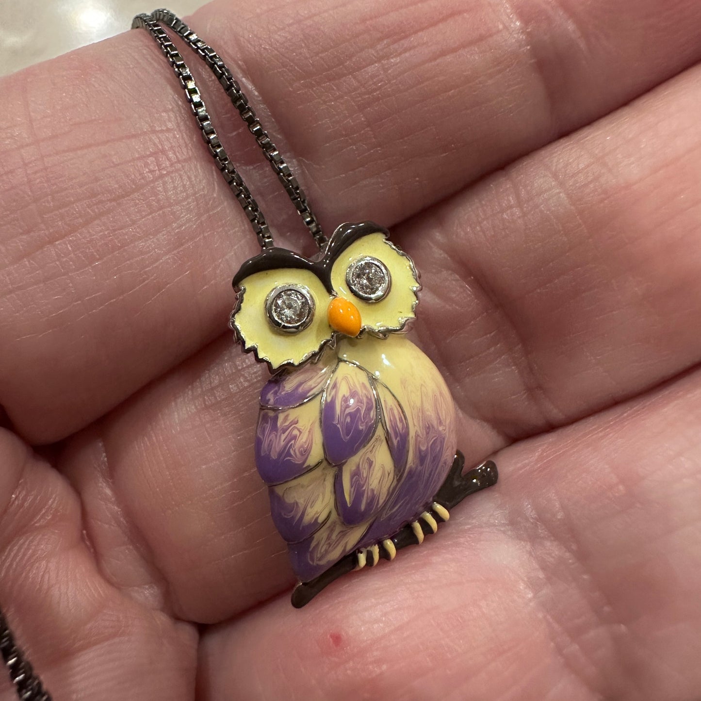 Sterling Silver Hand-Painted Modish Owl with Clear CZ Pendant Necklace