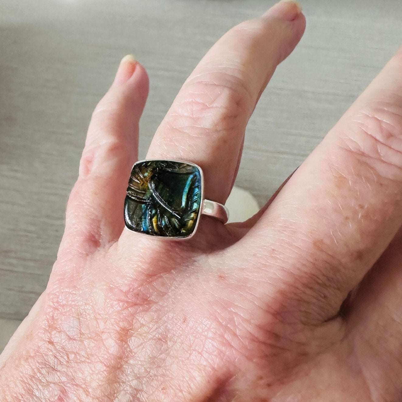 Natural Carving Labradorite Madagascar Sterling Silver Ring Size 9