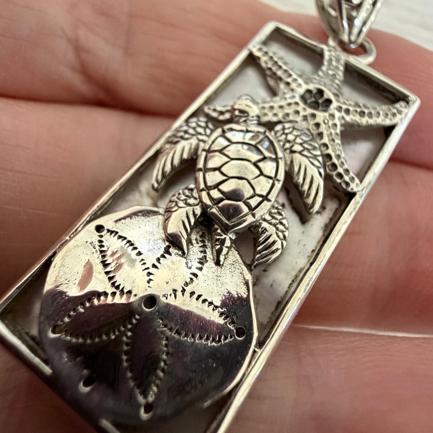 Sterling Silver Sea Turtle Mother of Pearl Starfish Necklace-Rectangle Pendant