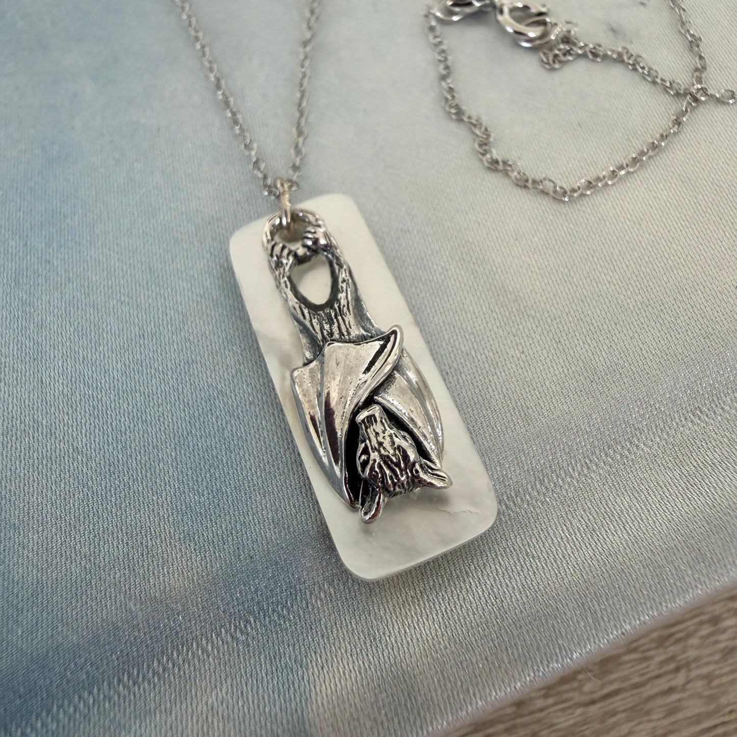 Sterling Silver Bat Pendant Mother of Pearl 18" Chain Gothic