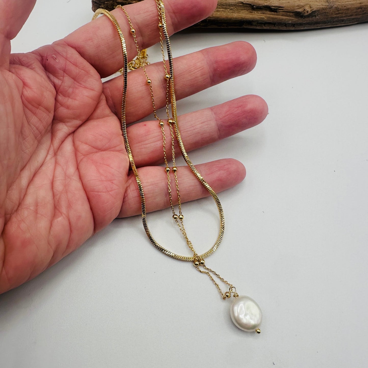 18K Gold Layered Pearl Chain Necklace