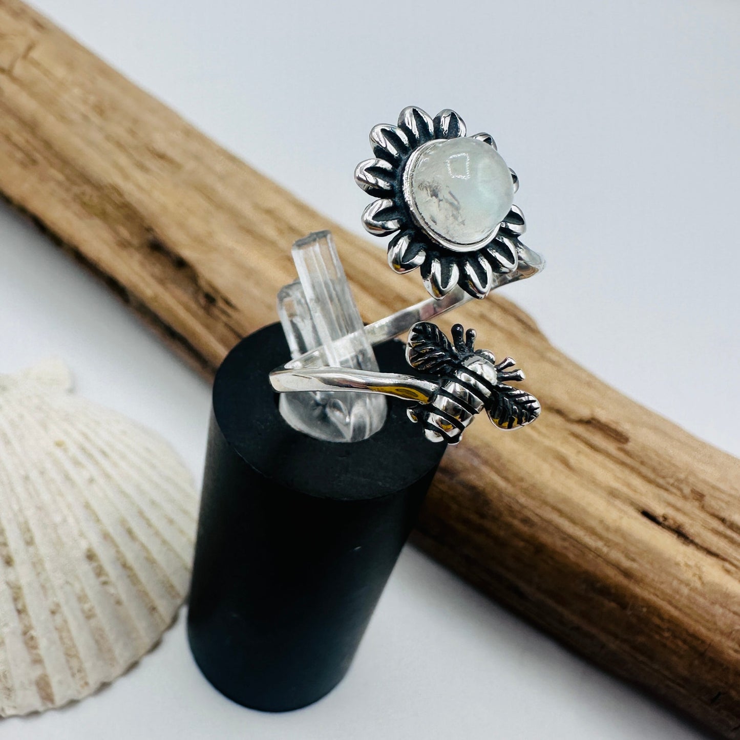 Moonstone Sterling Silver Bee & Sunflower Ring