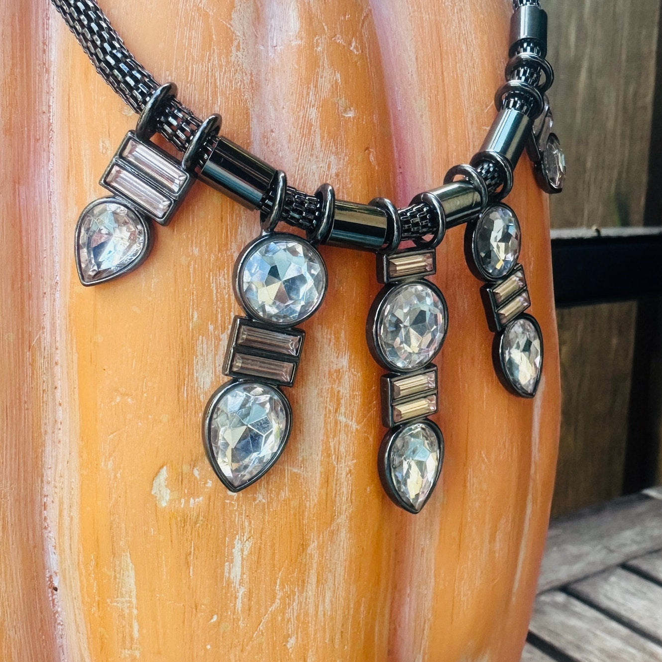 Baublebar Gunmetal Mesh Statement Necklace with Clear Rhinestones