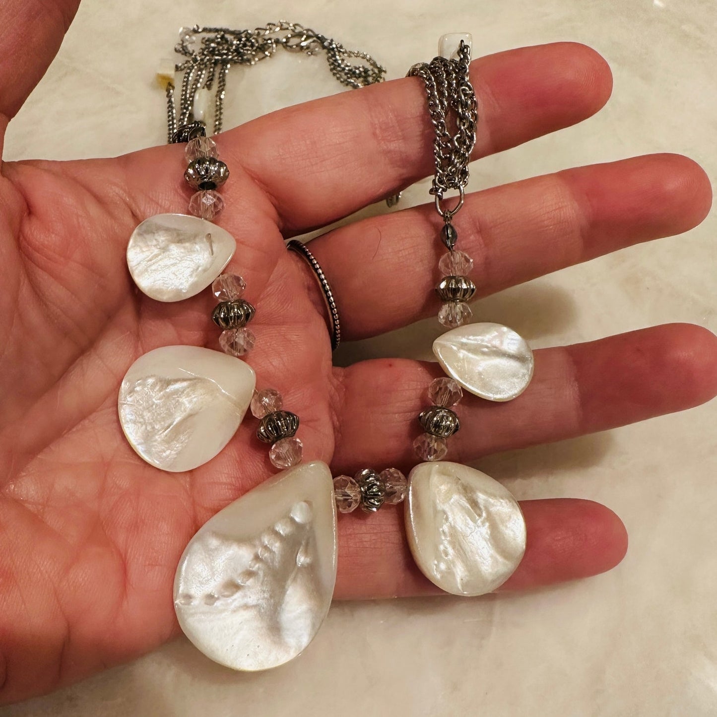 Silver-Tone Multi-Strand Necklace with Mother of Pearl Style Teardrop Drops