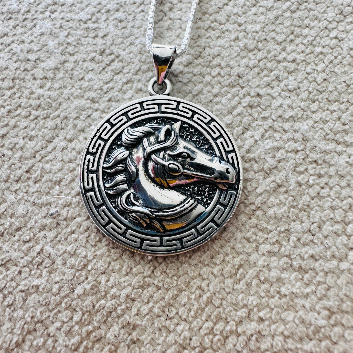 Sterling Silver Horse Medallion Necklace-925 Rounded Box Chain