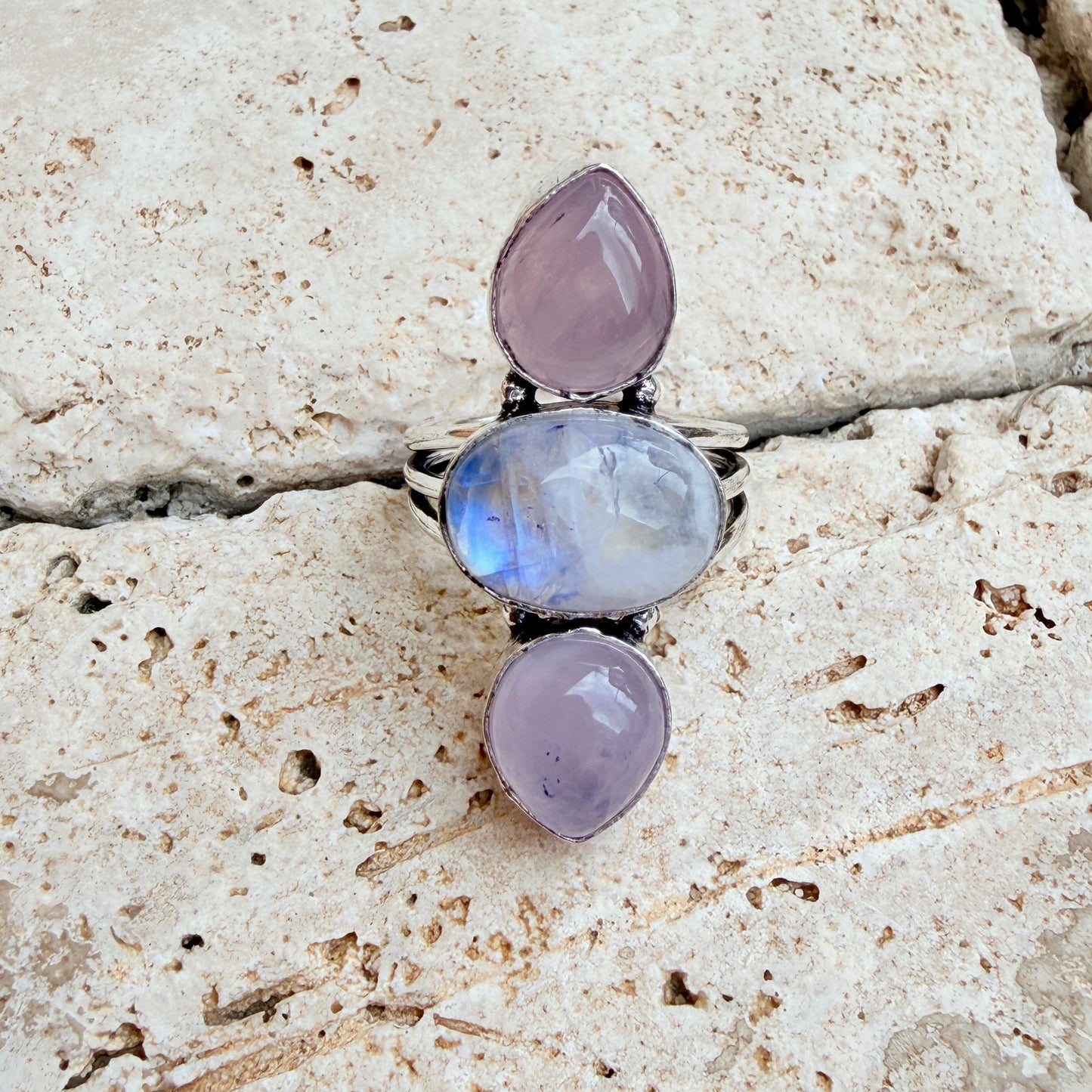 Rainbow Moonstone & Rose Quartz 925 Silver Overlay Ring Size 8