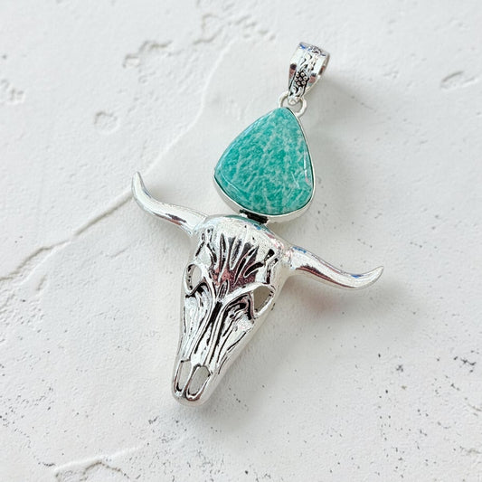 Amazonite Bull Skull Pendant 925 Plated Longhorn Western