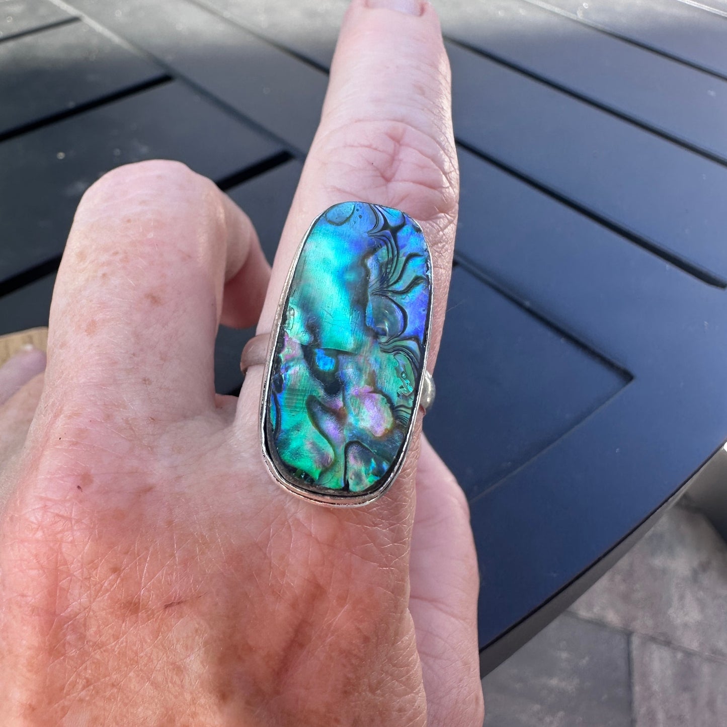 Abalone Shell Sterling Silver Plated Ring – Size 13 Statement Jewelry