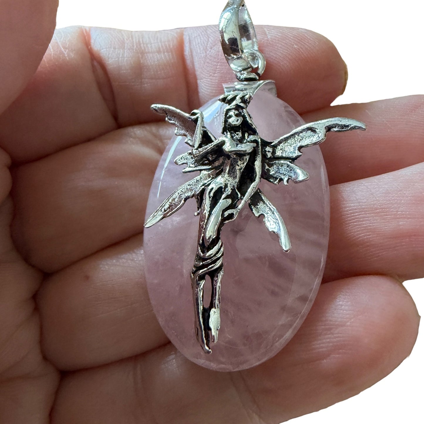 Fairy Rose Quartz Pendant Sterling Silver Overlay 2"