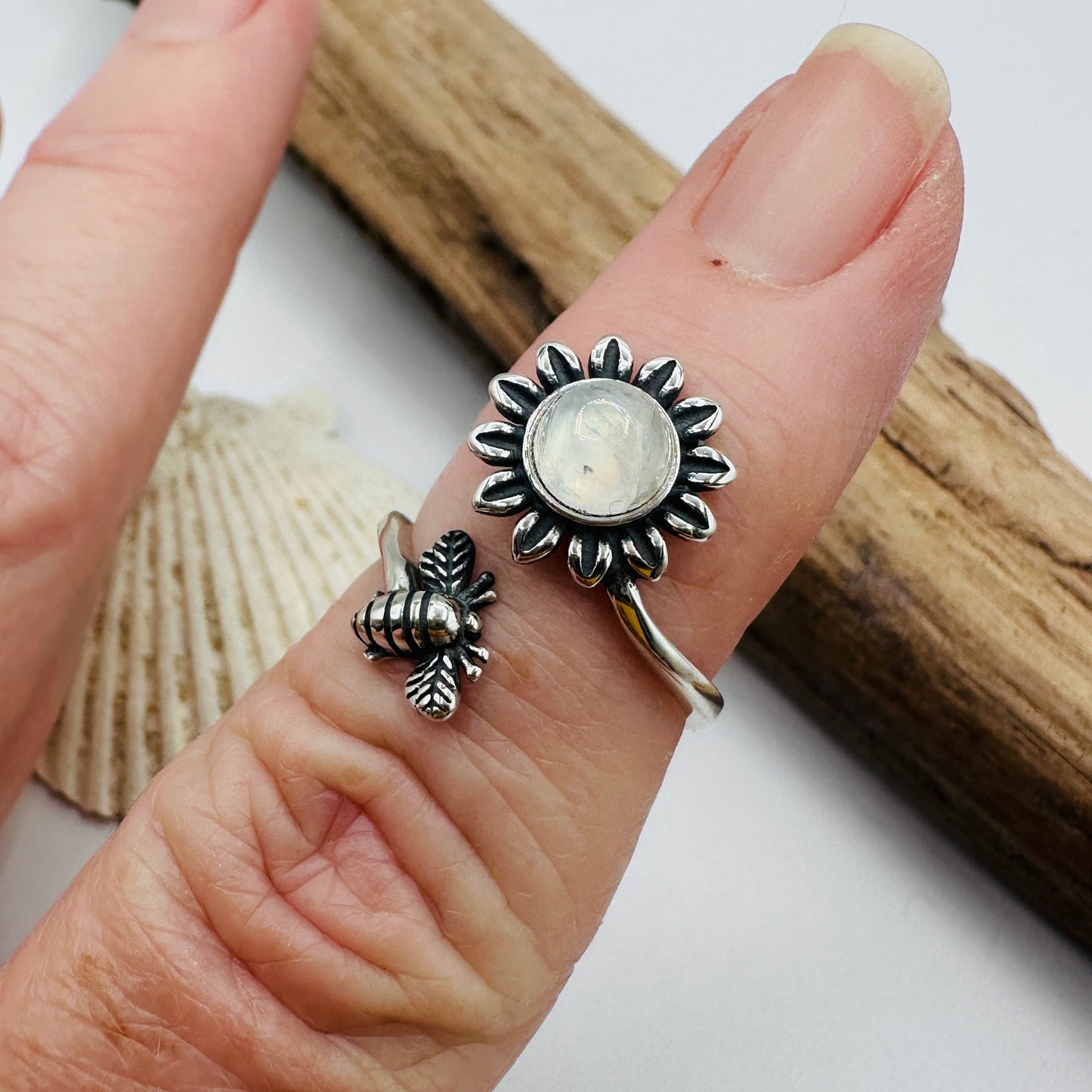 Moonstone Sterling Silver Bee & Sunflower Ring