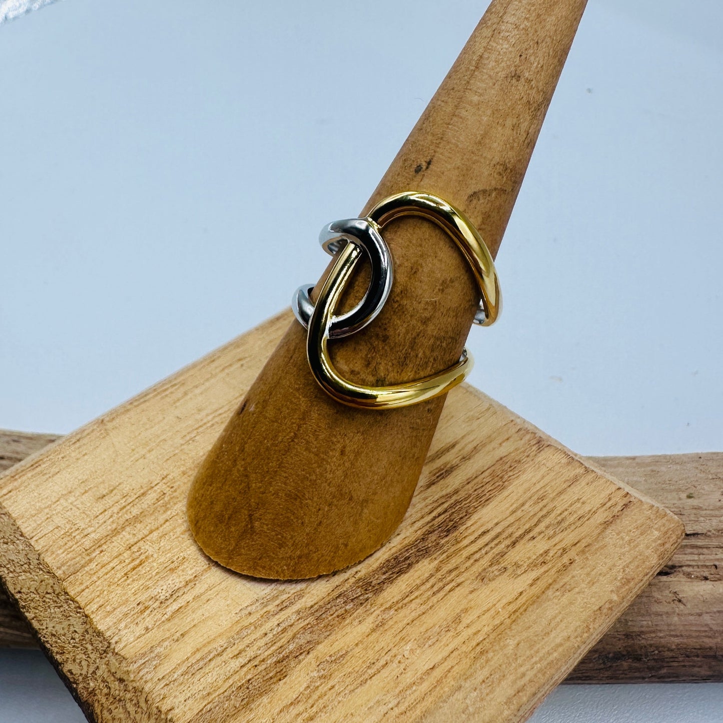 18K Gold Non-Tarnish Abstract Two Tone Ring Size 7 (Adjustable)