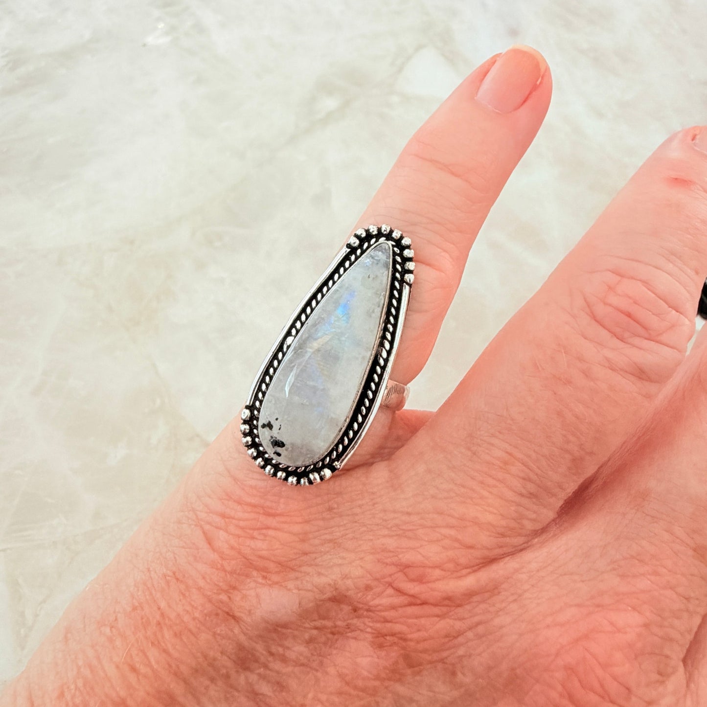Rainbow Moonstone 925 Silver Plated Ring Size 6