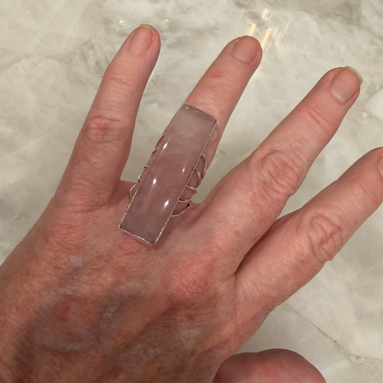 Rose Quartz Bar Ring 925 Silver Plated Statement Size 7